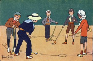 Ball by hours (dovednostní hra s míčky a paličkami). Rytí do „“ Co hrajeme? “” od E. Webera s akvarelovými kresbami Roberta Sallese (1871-1929). Knihovna Garnier Freres, Paříž