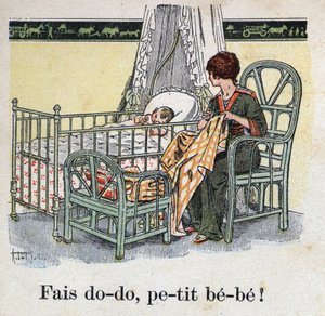 Dětská knížka „“ Budu číst – Metodická a zábavná abeceda od táty“““ 1926. Ilustrace Robert Salles (1871-1929). “„Spi, miláčku! “. Matka šije v dětském pokoji a čeká, až její dítě usne.
