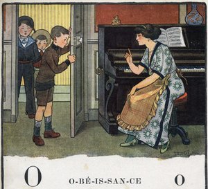 Dětská knížka „“ Budu číst – Metodická a zábavná abeceda od táty“““ 1926. Ilustrace Robert Salles (1871-1929). Abecedary: písmeno O jako Obedience. Matka nadává svým chlapcům. od Robert Salles