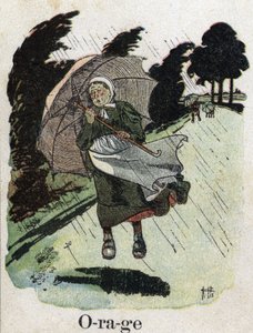 Dětská knížka „“ Budu číst – Metodická a zábavná abeceda od táty“““ 1926. Ilustrace Robert Salles (1871-1929). "" Storm "": žena v dešti se skrývá s deštníkem. od Robert Salles