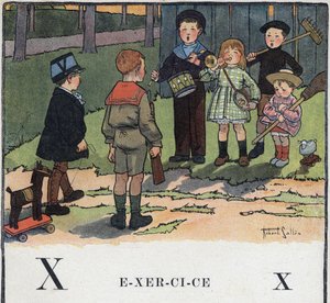 Dětská knížka „“ Budu číst – Metodická a zábavná abeceda od táty“““ 1926. Ilustrace Robert Salles (1871-1929). Abecedary: písmeno X jako cvičení. Děti si hrají na armádu.