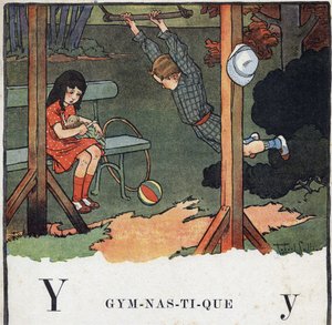 Dětská knížka „“ Budu číst – Metodická a zábavná abeceda od táty“““ 1926. Ilustrace Robert Salles (1871-1929). Abecedary: písmeno Y jako Gymnastika. Kluk hrazda, zatímco dívka si hraje s panenkou. od Robert Salles
