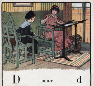 Dětská knížka „“ Budu číst – Metodická a zábavná abeceda od táty“““ 1926. Ilustrace Robert Salles (1871-1929). Abecedary: písmeno D jako prst. Matka vysvětluje svému synovi výšivku. od Robert Salles