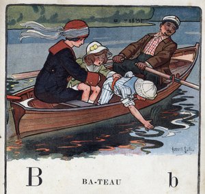 Dětská knížka „“ Budu číst – Metodická a zábavná abeceda od táty“““ 1926. Ilustrace Robert Salles (1871-1929). Abecedaire: písmeno B jako člun. Rodina na lodi se prochází. od Robert Salles
