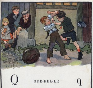 Dětská knížka „“ Budu číst – Metodická a zábavná abeceda od táty“““ 1926. Ilustrace Robert Salles (1871-1929). Abecedaire: písmeno Q jako Querelle. Dva kluci se perou na dvoře.