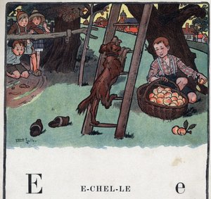Dětská knížka „“ Budu číst – Metodická a zábavná abeceda od táty“““ 1926. Ilustrace Robert Salles (1871-1929). Abecedary: písmeno E jako měřítko. Pes leze na žebřík představuje proti jabloni.