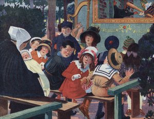 Loutkové divadlo: Děti v divadle guignol jsou zmatené plačícím dítětem. Ilustrace Robert Salles (1871-1929) v „“ Je sais Lire““.
