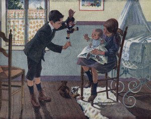 Výchova malého bratra: v pokoji se dítě sedící na klíně své velké sestry dívá na loutku, kterou jeho bratr probouzí. Ilustrace Robert Salles (1871-1929) v „“ Je sais Lire““.