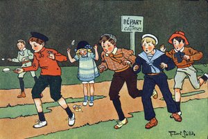 Vaječný závod. Rytí do „“ Co hrajeme? “” od E. Webera s akvarelovými kresbami Roberta Sallese (1871-1929). Knihovna Garnier Freres, Paříž