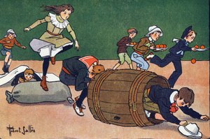 Překážkový závod. Rytí do „“ Co hrajeme? “” od E. Webera s akvarelovými kresbami Roberta Sallese (1871-1929). Knihovna Garnier Freres, Paříž