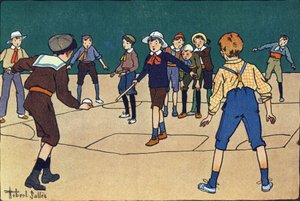 Theque (týmová hra s míčem a holí). Rytí do „“ Co hrajeme? “” od E. Webera s akvarelovými kresbami Roberta Sallese (1871-1929). Knihovna Garnier Freres, Paříž od Robert Salles