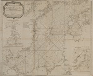 Nová a přesná mapa Baltského nebo Východního moře s vyznačením ostrovů, skalisek a mělčin s jejich značkami, majáky, sondami a plavebními kanály. od Robert Sayer