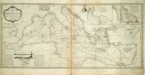 Nová a přesná mapa Středozemního moře z nejnovějších průzkumů, zjištěná a upravená na základě astronomických pozorování. od Robert Sayer