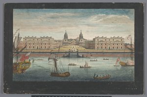 Pohled na nemocnici Greenwich na řece Temži v Greenwichi Vyhlídka na nemocnici Greenwich od řeky (název na objektu) Londýn (název série) od Robert Sayer