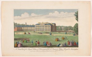 Pohled na Kensingtonský palác v Londýně Čelní pohled na královský palác Kensington (titul na objektu) Londýn (název série) od Robert Sayer