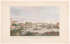 Pohled na Hampton Court Bridge přes řeku Temži mezi Hamptonem a East Molesey Nový most přes Temži v Hampton Court (název na objektu) od Robert Sayer