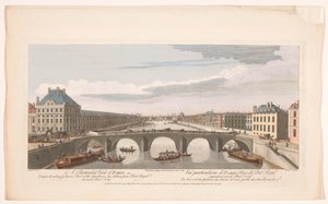 Pohled na Pont Royal přes řeku Seinu v Paříži, při pohledu na Pont Neuf Zvláštní pohled na Paříž z pohledu Louvru, části Thuilleries atd. převzato z Pont Royal směrem k Pont Neuf (název na objektu) Paris (název série) od Robert Sayer