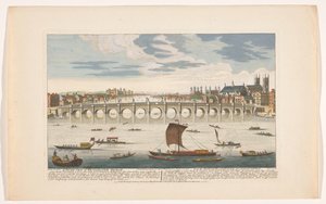 Pohled na Westminsterský most přes řeku Temži v Londýně, při pohledu ze severu Jižní pohled na Westminster Bridge (název na objektu) od Robert Sayer