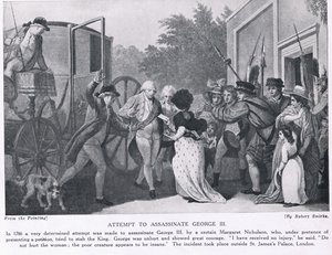 Pokus o atentát na krále Jiřího III., ilustrace z „Hutchinsonových dějin národů“, kolem roku 1910