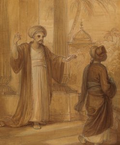 Ilustrace pro východní romanci, možná „Arabské noci“, se dvěma stojícími mužskými postavami od Robert Smirke