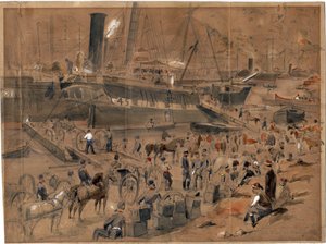 Dělostřelectvo naloďující se na palubu Argo, u Balaklavy, květen 1856 - Dělostřelectvo naloďující se na palubu Argo. Balaclava, květen 1856, Landells, Robert Thomas (1833-1877)