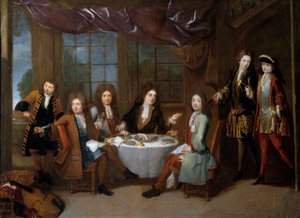 Snídaně se šunkou. Muži šlechty sdílející uzeniny. Obraz Robert Levrac Tournieres (1667-1752)