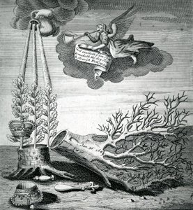 Emblematický tisk odkazující na popravu Karla I. a následnictví Stuartů, 1715