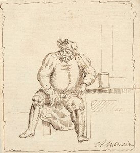 Náčrt sedícího muže s hrnkem, možná Falstaff