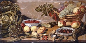 Mísy třešní a ostružin, košík hroznů, jablek a červeného rybízu, zelí, artyčoky, citrony, oříšky Gerkins, ostatní ovoce, mrtvá sluka a drozdi na stole od Robert Willemsz de Baudous