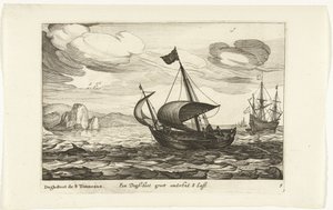 Psí bota Een Dogh-boot groot about 8 Last / Dogh-Boot de 8 Tonneaux (název na objektu) Hollandse scheeptypen, 1627 (název série) Různé lodě Don ton se sert dans les Unies Provincie / Ikony různých holandských lodí, jejichž použití je maxi