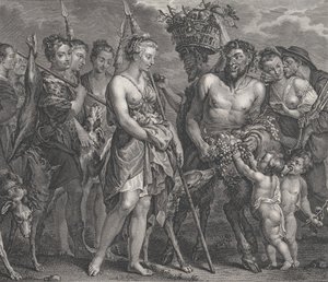 Diana vracející se z honičky, v doprovodu psů a jejích nymf vlevo, dva satyři..., ca. 1808 od Robert de Launay