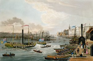 Pohled na London Bridge a Celnici s parními jachtami v Margate, pub. 1820, Colnaghi und Co. (kolorovaná akvatinta)