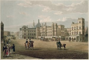 Pohled na Sněmovnu lordů a Commons, z Old Palace Yard, hospoda. 1821 Colnaghi und Co. (akvatinta)