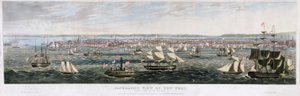 Panoramatický výhled na New York, z East River, hospoda. 1844 (barevné lito)