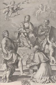 Madona s dítětem v centru se svatým Janem Křtitelem, svatým Lukášem, papežem Petrem Celestinim,..., 1694.