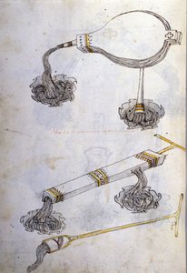 Umění války: studium vojenských strojů. zápalné kapaliny, ilustrace z „De re Militari“ od inženýra Roberta Valturia (1405-1483?)