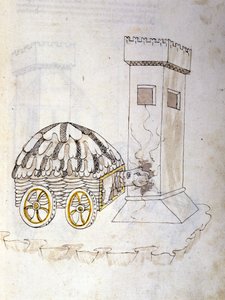 Umění války: studium vojenských strojů. stroj vybavený krunýřem útočící na věž, ilustrace z „De re Militari“ od inženýra Roberta Valturia (1405-1483?)