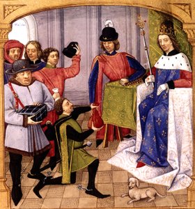 Francouzský příbuzný Philip V (1293-1322) přijímající daň, iluminace Robinet Testard z "Grandes Chroniques de France" 1471