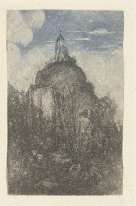 Stavení na skále a odpočívající pastýři s ovečkami na úpatí skály Le Phare Chapelle alpestre od Rodolphe Bresdin