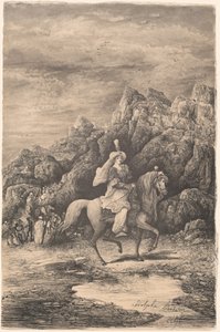 Orientální jezdkyně v pusté horské krajině od Rodolphe Bresdin