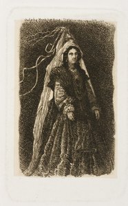 Žena ve fantastickém středověkém kostýmu od Rodolphe Bresdin