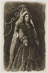 Žena ve fantastickém středověkém kostýmu od Rodolphe Bresdin