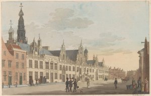Breestraat v Leidenu, asi 1825 Pohled na Breestraat a radnici v Leydenu / Vue Sur la rue dite Breestraat et l