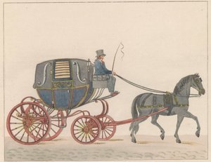 Koňský povoz v Amsterdamu, asi 1825 An Amsterdamsche Huurkoetsje nebo Moped / Un Fiacre de Louage v použití v Amsterdamu A ij connu sous la nom de Brommertje (název na objektu)