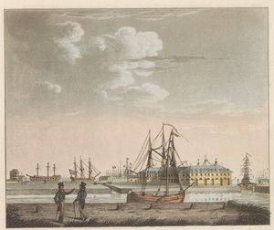 Rijkswerf Willemsoord, asi 1825 Pohled na Willemsoord na volném prostranství - poblíž Nieuwendiepu a vstupu do velkého kanálu Noord-Hollandsch / Vue de Willemsoord au clear prês du Nieuwendiep, et L