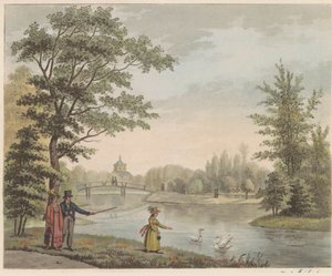 Zahrada v Huis ten Bosch, asi 1825 Pohled na švýcarský most a Vijver, poblíž domu v Bosch in s