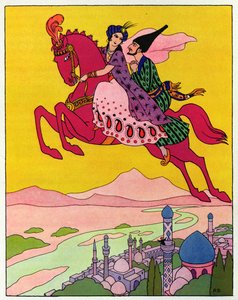 Kůň, který je zvedá do vzduchu, ilustrace k filmu "Kouzelný kůň" z "Arabských nocí".