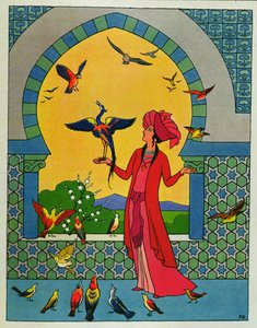 Princezna se radí s ptákem Bulbulhezarem, ilustrace k filmu "Dvě žárlivé sestry" z "Arabských nocí