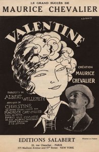 Obálka partitury velkého úspěchu Maurice Chevaliera "Valentine" text Albert Willemetz hudba Christine Salabert, cca 1925 (tisk) od Roger de Valerio