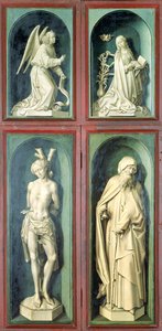Zvěstování, sv. Šebestián, sv. Antonín Veliký a dva donátoři, desky z rubu Posledního soudu, kolem 1445-50 (olej na desce) od Rogier van der Weyden
